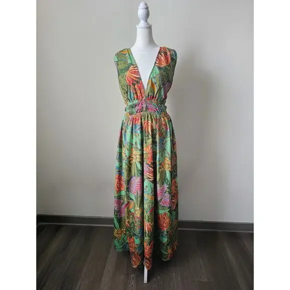 Indulge Style Deep Double V-Neck Green Smocked Floral Maxi Dress Size XL - Picture 1 of 7